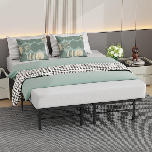 Base de cama de metal de 14 pulgadas - Estructura de cama resistente de tamaño matrimonial con cabecero, plataforma de acero negro básico con láminas, no necesita somier/fácil montaje/sin ruido
